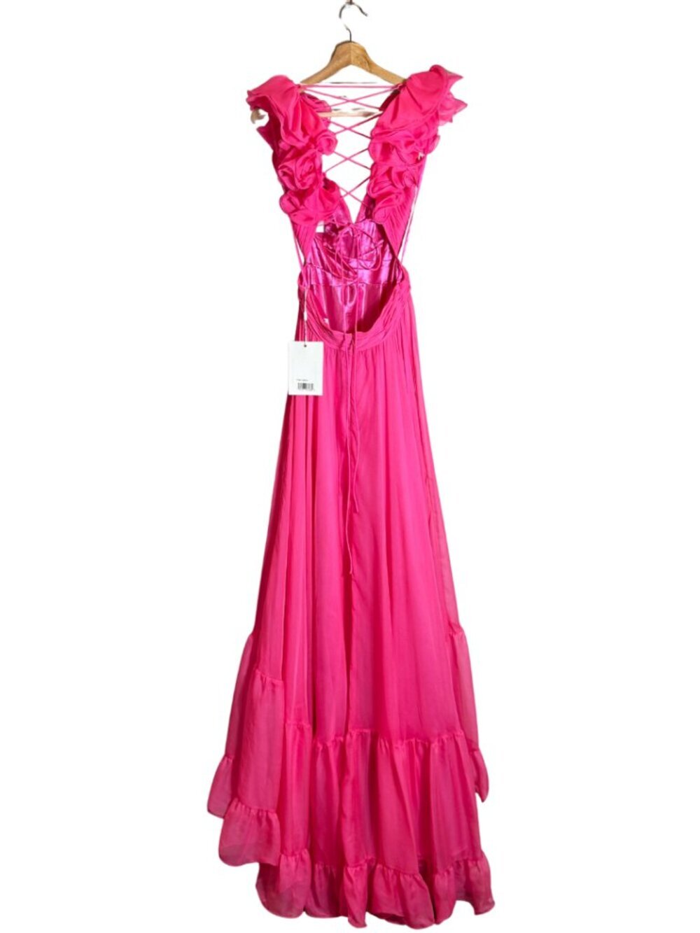 Mac Duggal Ruffle Tiered Cut-Out Chiffon Gown Womens 4 Hot Pink Formal 67911 NWT - Picture 5 of 16
